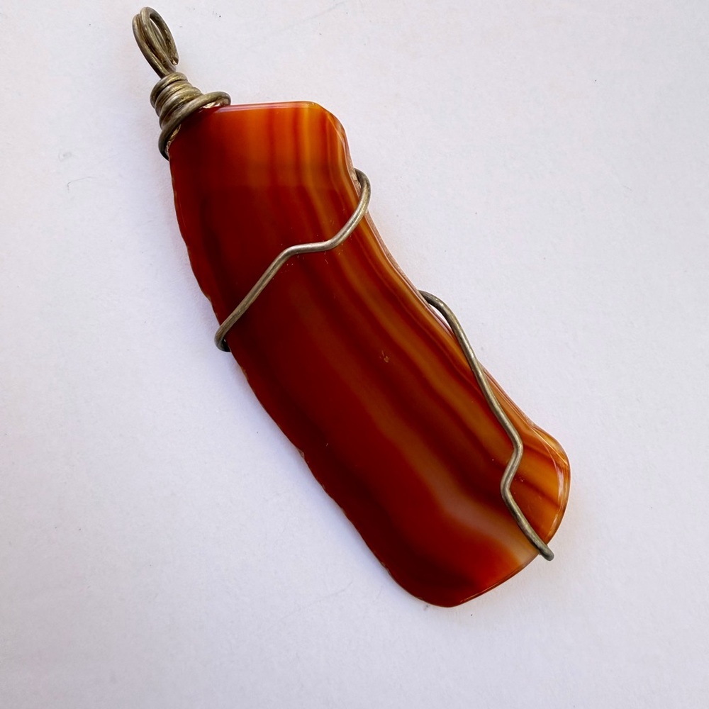 Wire Wrapped Polished Banded Carnelian Agate Pendant​ - Picture 3 of 4